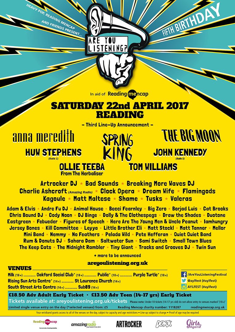 Third line-up announcement for <a href="/AYLFest/">Are You Listening? Festival</a> is here 💥 #aylfest #rdguk <a href="/ReadingMencap/">Reading Mencap</a> wegottickets.com/f/10603