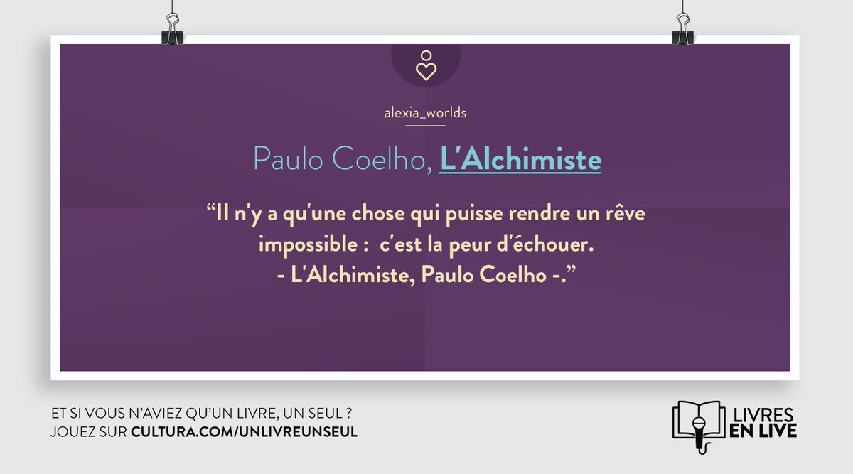 alexia_worlds's tweet photo. @Cultura #UnLivreUnSeul L'Alchimiste est un vrai coup de 💖. Roman rempli de philosophie, spiritualité et de voyages🌟Je l'adore💕 https://t.co/jeImdcRaXm