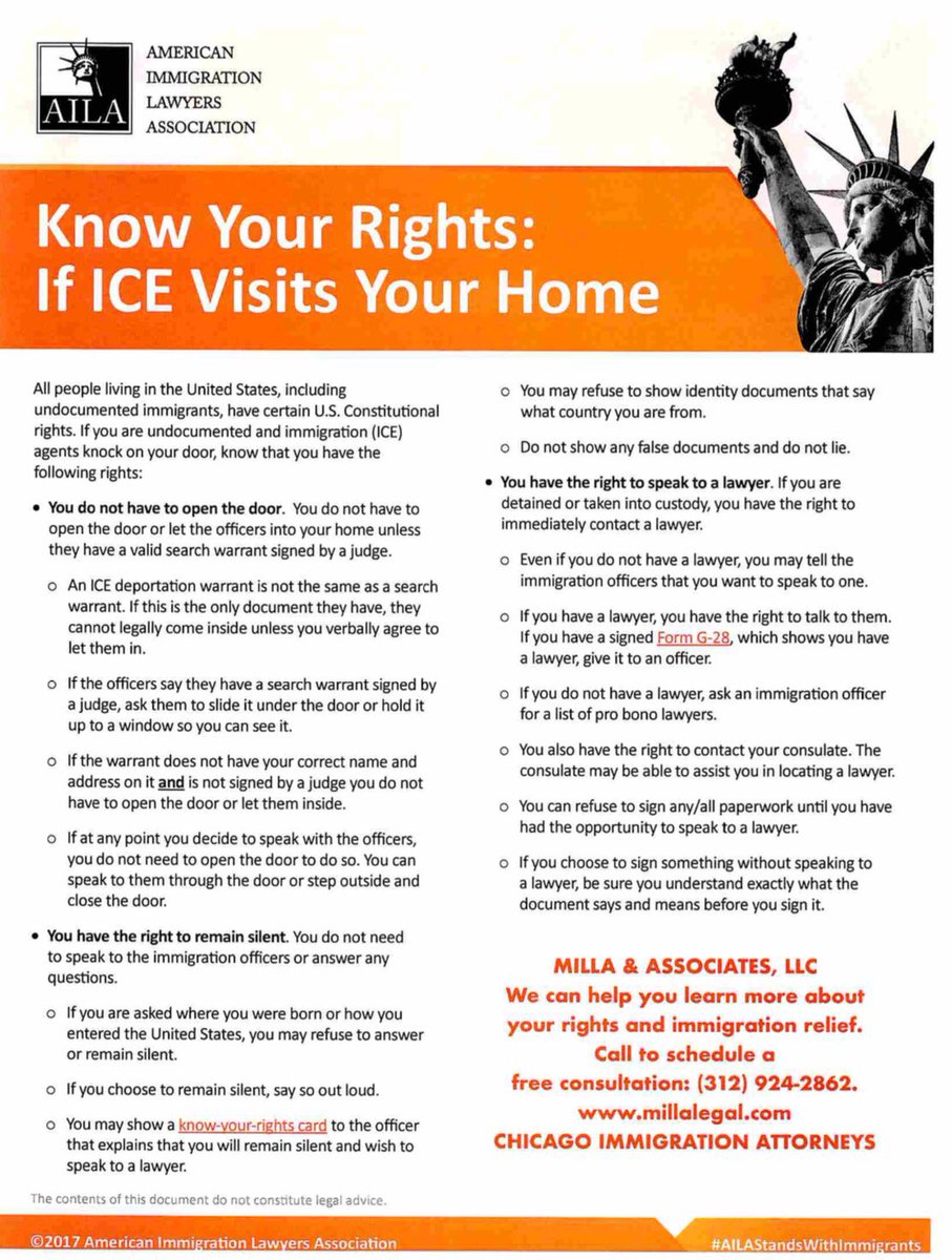 MillaAssoc's tweet photo. Know your rights. Protect yourself &amp; loved ones. What to do if ICE visits your home. #ImmigrantsWelcome #NoBanNoWallNoRaids #NoBanNoWall https://t.co/lKAVuGRbaL