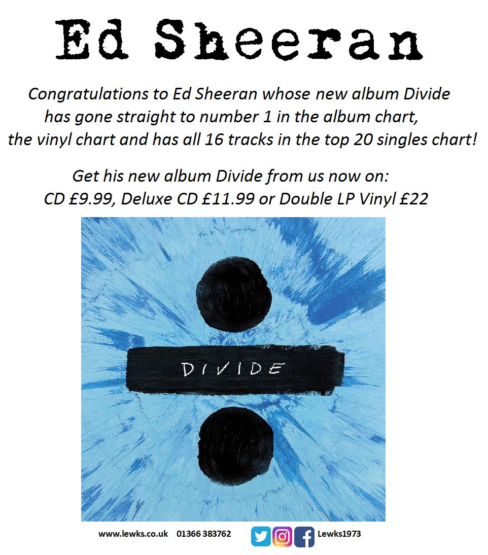 Lewks1973's tweet photo. Ed Sheeran's number 1 album Divide available from us on CD, Deluxe CD or Vinyl #CongratulationsEd #Divide #EdSheeran #DownhamMarket https://t.co/Z5zfoAVST5