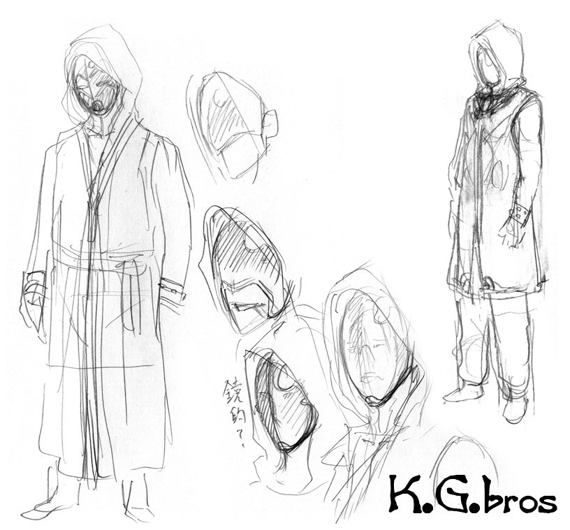 調教師ミラーのスケッチ。
初期は口元を出したバージョンも模索。結局はフルマスクに。
フードも初期はバスローブみたいw
右端が最終形に近いですね。
ちなみに「調教師」と呼んでいますが、教団内では「教師」と呼ばれます。
あと…ラフとは言え、もちっとしっかり形取りなさい…と思いますw