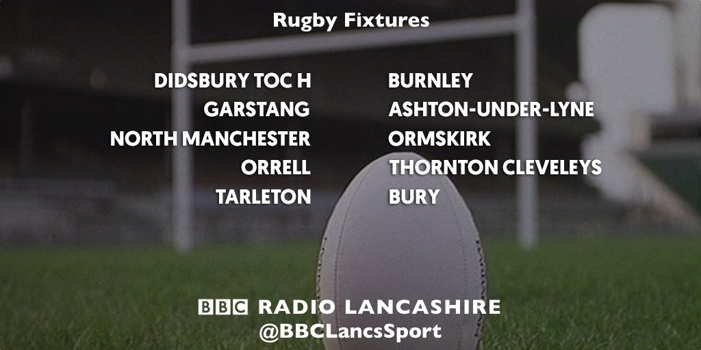 Today's rugby fixtures...

<a href="/fylderugby/">Fylde Rugby</a> <a href="/RugbyHoppers/">Preston Grasshoppers</a> <a href="/RossendaleRugby/">Rossendale Rugby</a> <a href="/BlackburnRugby/">BRUFC</a> <a href="/ValeofLuneRUFC/">Vale of Lune RUFC</a> <a href="/GreenGoldRugby/">Fleetwood RUFC</a>