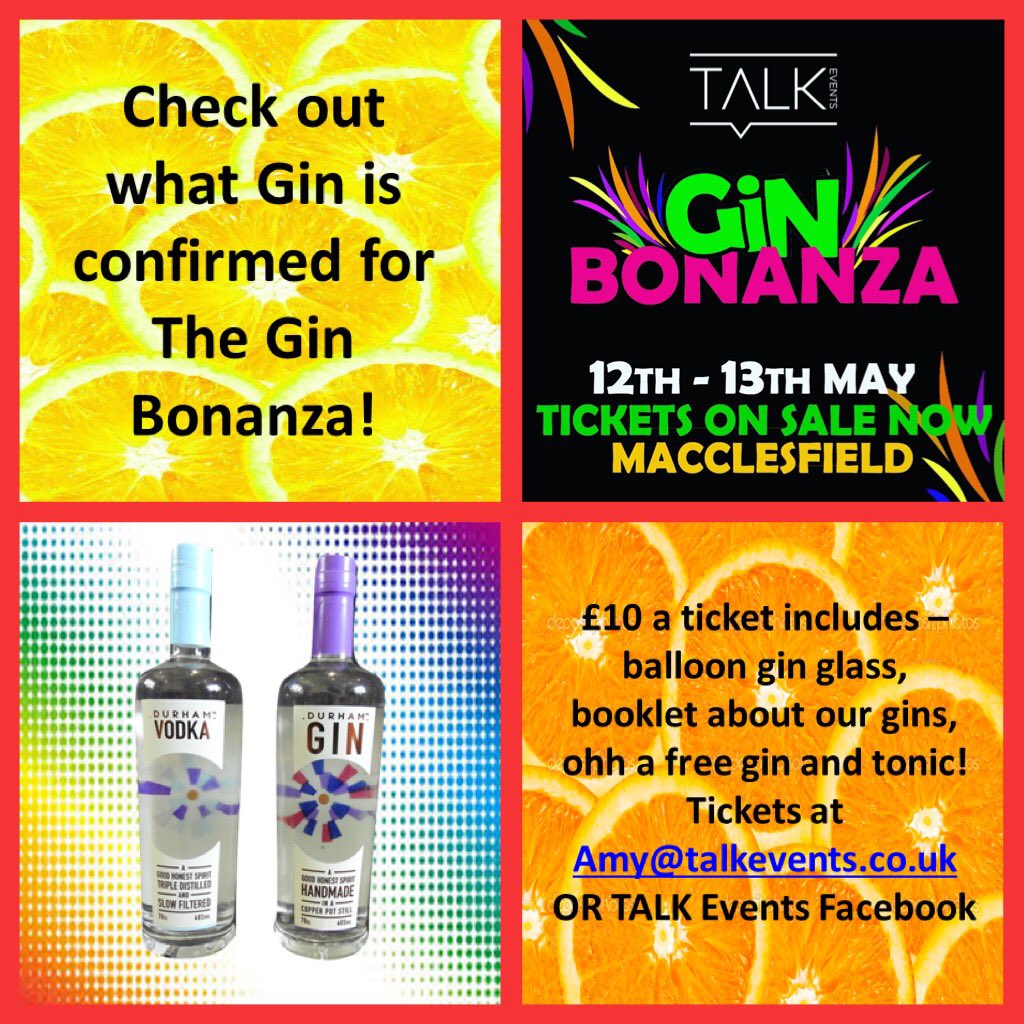 TALKEvents16's tweet photo. #ginbonanza #ginlineup #confirmed @durhamdistiller  #gin #vodka get your #tickets https://t.co/BNEI1u75N9 https://t.co/flaV1zTeLB