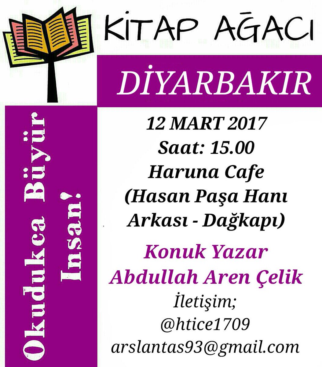 kitapagaci_'s tweet photo. Kitap Ağacı Diyarbakır 12 Mart Günü Abdullah Aren Çelik ile buluşuyor. #diyarbakır #kitapagaci #okudukcabüyürinsan https://t.co/DKDND5HCP4