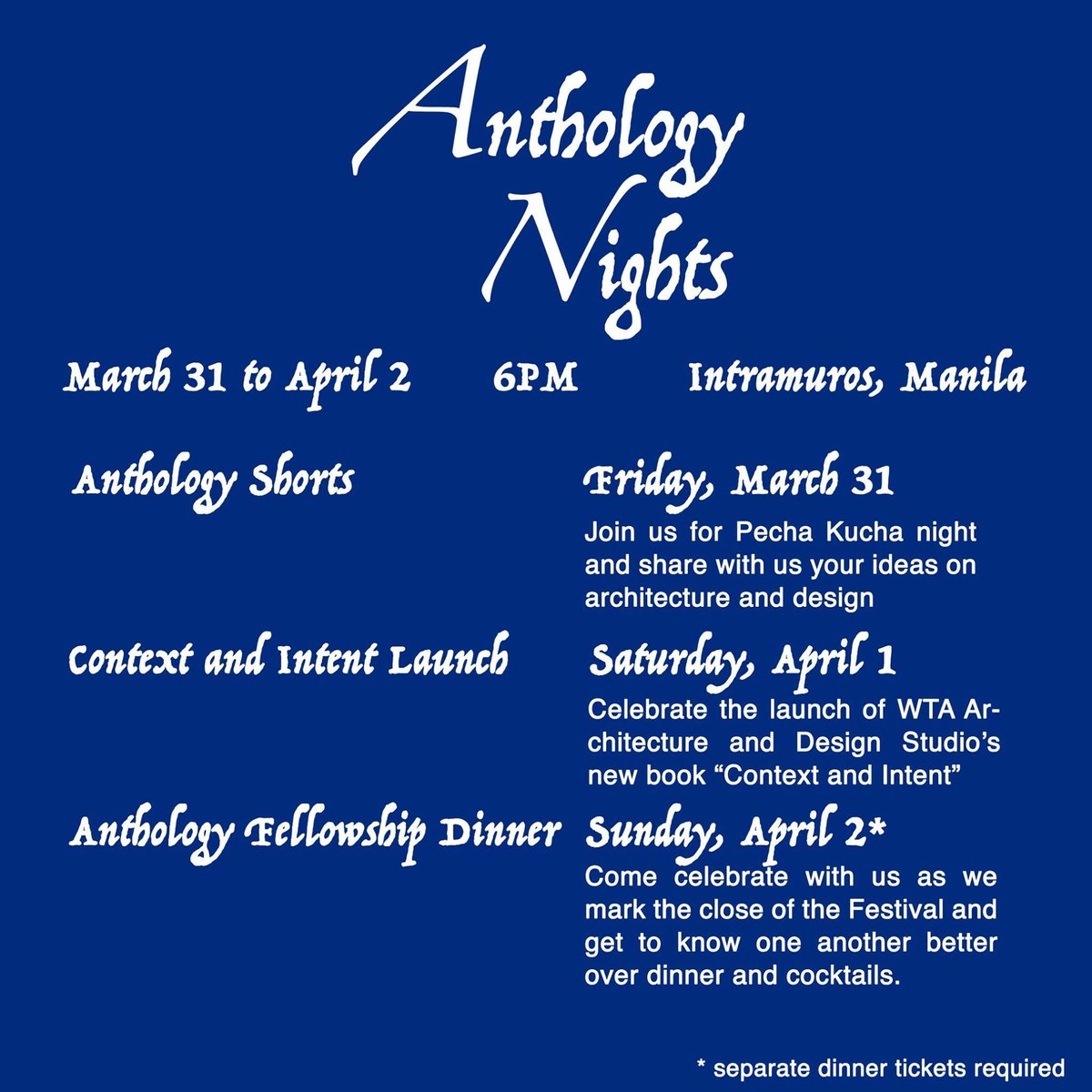 Intramuros's tweet photo. Join the celebrations every night at Anthology. Email us at info@anthologyfest.org 

#AnthologyFest #ContextandIntent https://t.co/xY2cB0G9bC