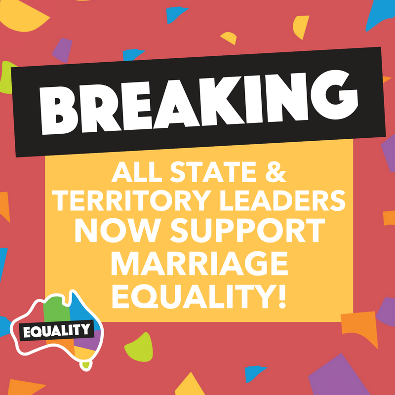 AMEquality's tweet photo. BREAKING: Mark McGowan set to become Premier following #WAVotes — all Australian state and territory leaders now support #MarriageEquality! https://t.co/ZkgML3zhxf