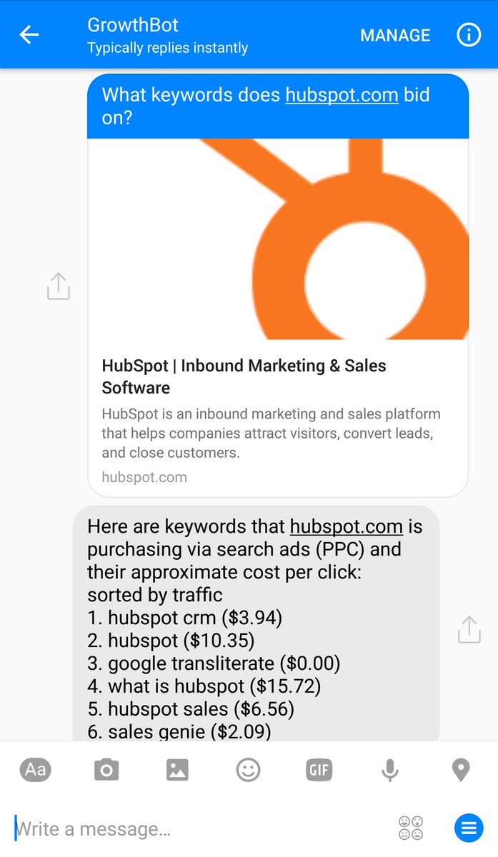 bpiatt's tweet photo. Just tried #GrowthBot on @messenger thanks @JLanie for sharing #botpowered -- Thanks @dharmesh for writing #SXSW https://t.co/m4RjPyIrQG