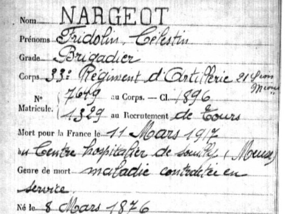 PoloS111's tweet photo. #1J1P 11 mars 1917 : NARGEOT Fridolin de #Couesmes #IndreEtLoire Classe 1896 Brigadier au 33e RA #MPLF au centre hospital de #Souilly #Meuse https://t.co/OuRnyUh38L