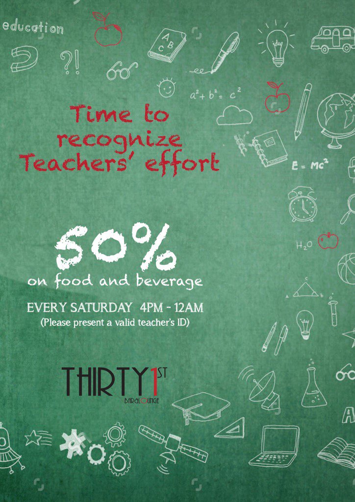 HolidayInnAUH's tweet photo. To all the #Teachers , join us every Saturday at Thirty 1st Bar &amp; Lounge and enjoy 50% off on food and beverage https://t.co/T85hSHhuAw