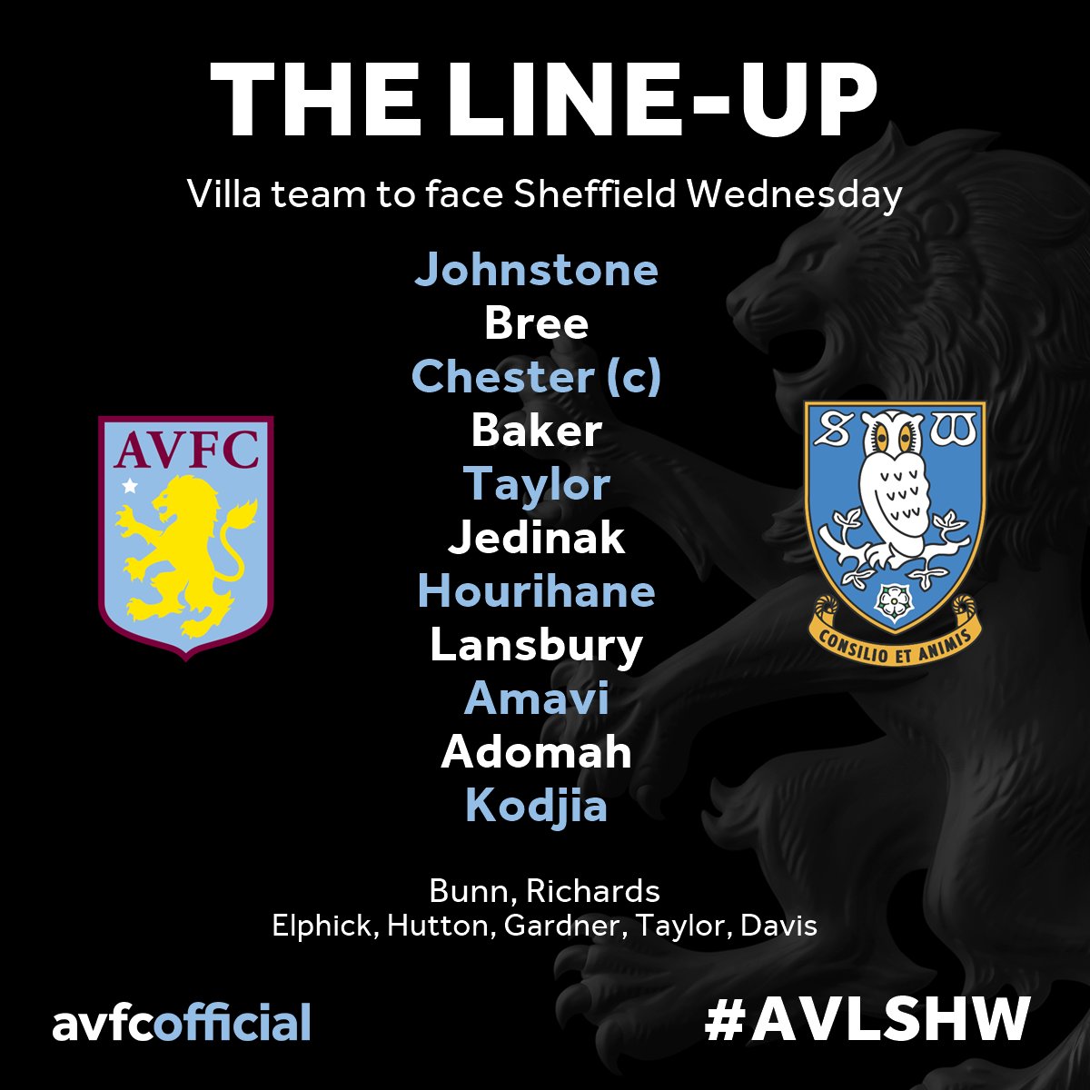 AstonVilla's tweet photo. Team news: Here are our Lions for #AVLSHW...

Play well, guys.  ️⚽️👍🦁 https://t.co/m6dn20FyrE