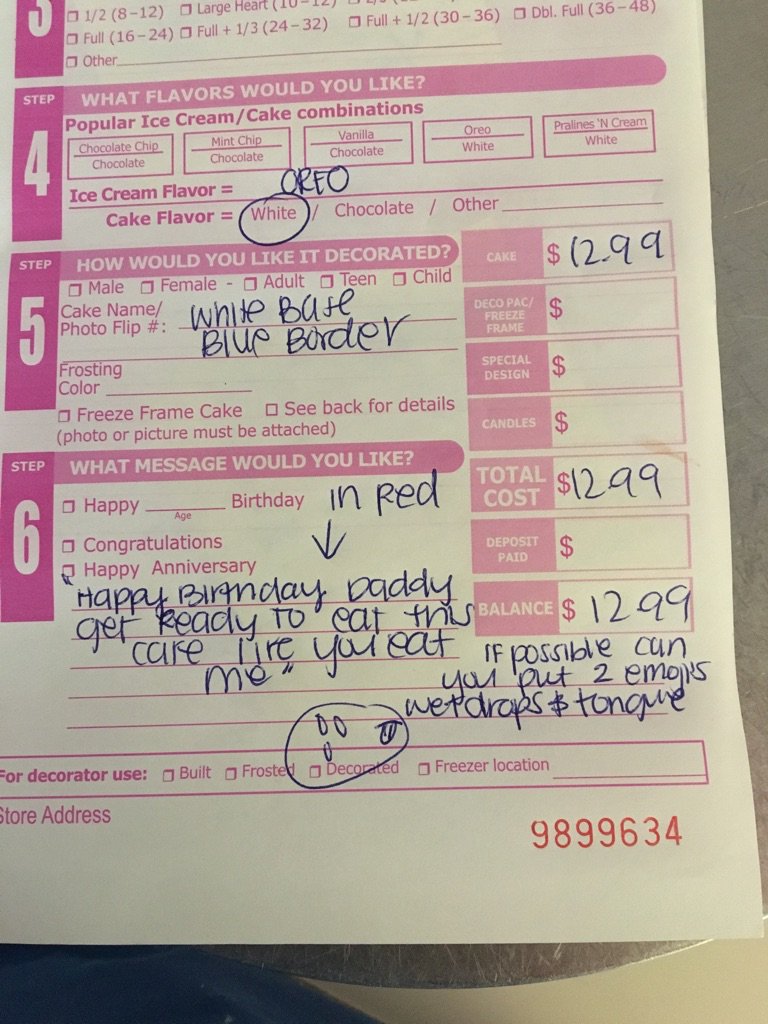 Mr_DrinksOnMe's tweet image. My friend works as a cake decorator at a Baskin-Robbins. This is today's order she has to make.