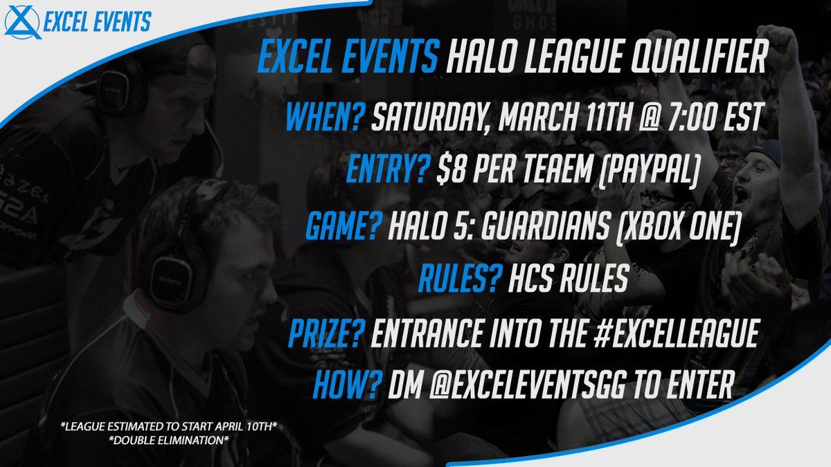 ExceLEventsGG's tweet photo. #ExceLEvents Halo 5 League!

Starts @ 7:00 EST TONIGHT!

Read image for more details!

DM if you are interested!

@HaloRTs @Halo5Content https://t.co/vP3nXTOkno