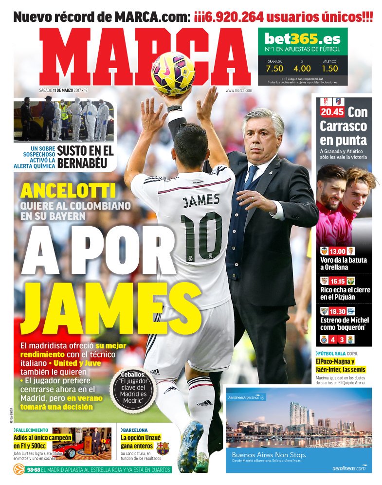 CamiNews93's tweet photo. Portada de @marca protagonista @jamesdrodriguez quién interesa a #Ancheloti y @FCBayern se irá? @linaposso @HeyitsNat_A @HAROLDCAICE https://t.co/iCk7OJlo9j