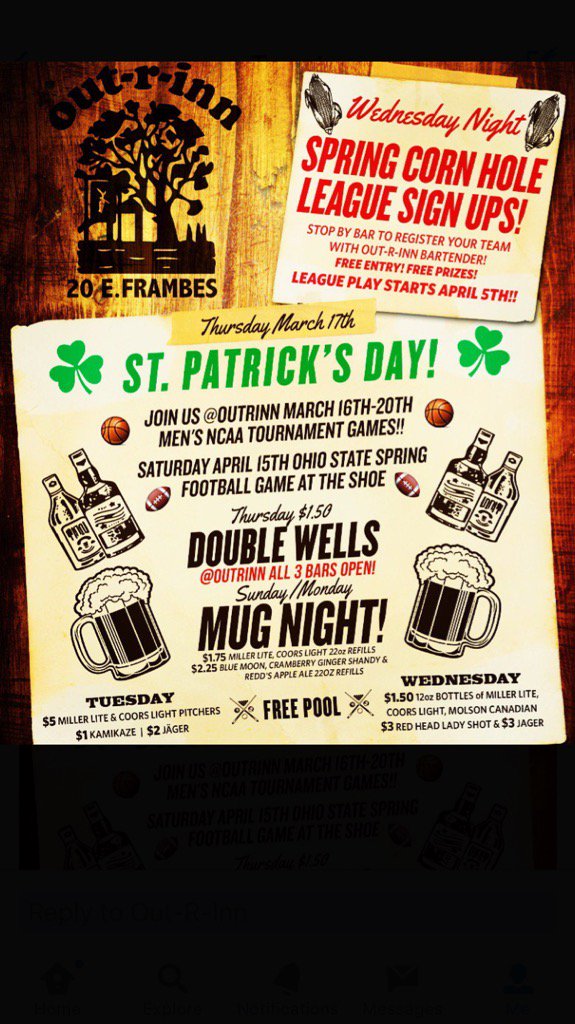 OutRInn's tweet photo. #CornHole🌽 #League🏆 #SignUps✏️ #MarchMadness #StPatrickDay🍀 #DayDrink #BackPatioBarOPEN #SpringFootballGame🏈 #SB2017 https://t.co/Kl25Sj70j6