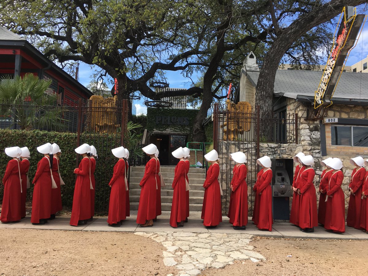 MargaretAtwood's tweet image. .@erica_grossman: I found out! They are real @HandmaidsOnHulu Handmaids. You may see them again! @sxsw @MGM @penguinrandom
