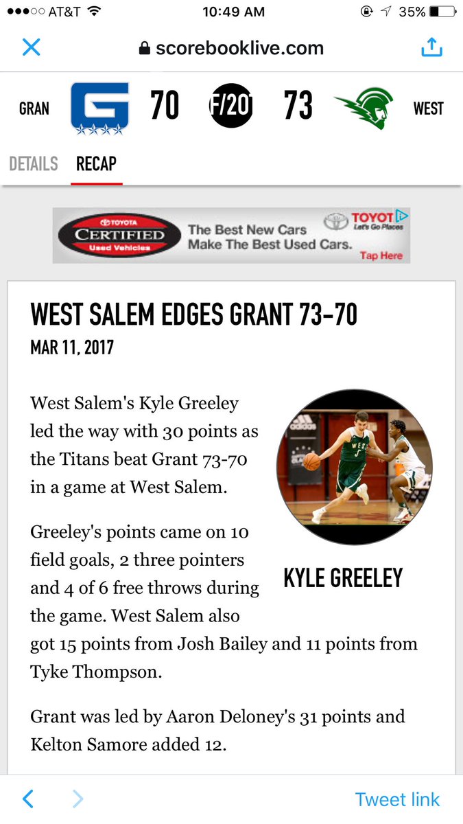West Salem defeats <a href="/granthigh_bb/">Grant Basketball</a> 73-70.
<a href="/kgreeley5/">Kyle Greeley</a> finishes with 30 and <a href="/AaronDeloney/">Aaron Deloney</a> has 31.

scorebooklive.com/games/23206-gr…
