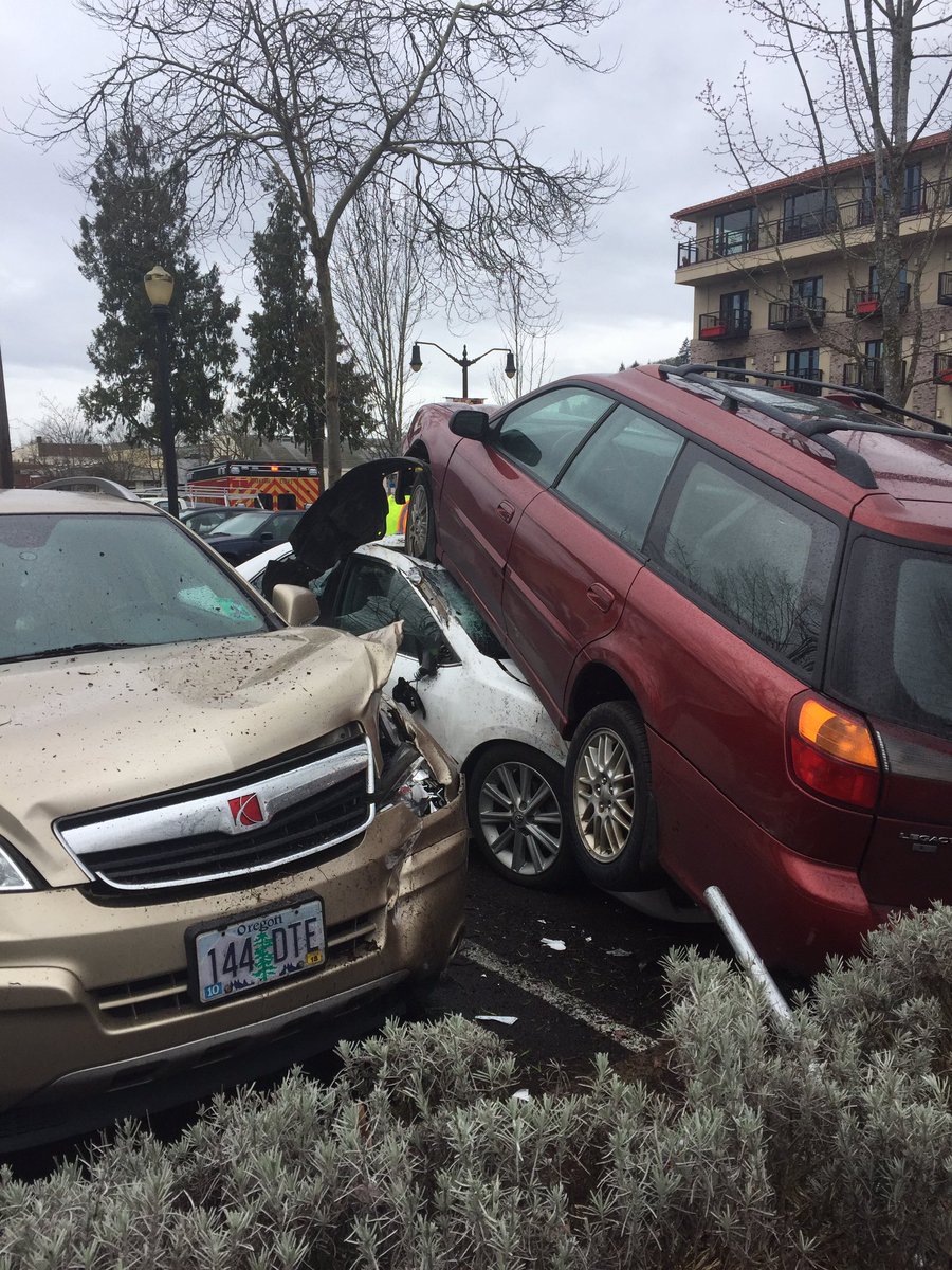 savannahkblake's tweet photo. @KVALnews @registerguard. There is extensive damage on the car struck by the Subaru along with the gold car parked next to the Camry. https://t.co/DDC2tQiJYJ