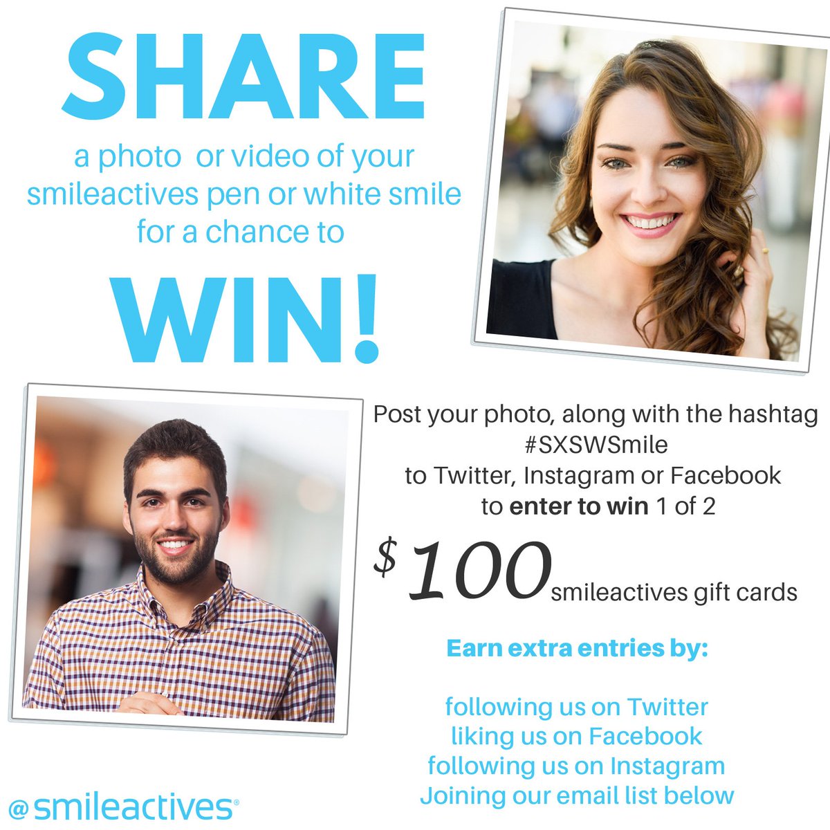 Smileactives's tweet photo. Enter to win $100 Smileactives teeth whitening products. #sxswfree #win #sxswfree2017 https://t.co/y5NKiyTW6C https://t.co/OoHNpBrbb2