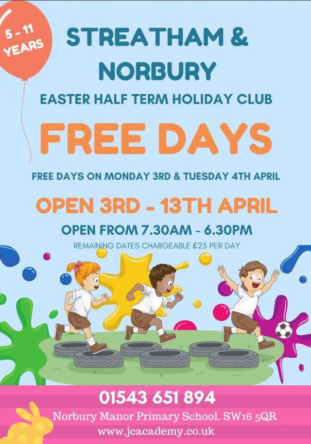 #Easterhalfterm holiday clubs in #streatham & #Norbury in #Croydon! FREE days available,
Extended opening hours, ages 5-11 years! Book now!