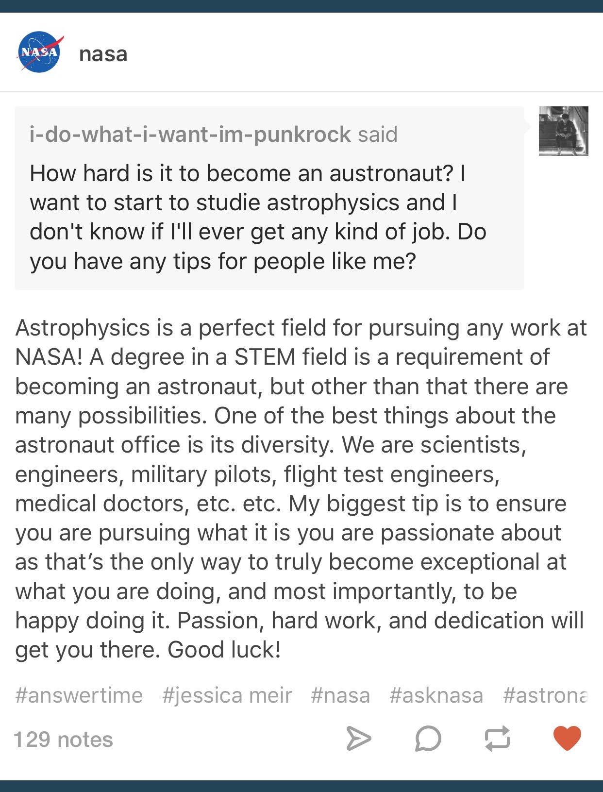 tumblr dot com the website and app on X: ".@Astro_Jessica shares advice on  how *you* can become an astronaut: https://t.co/btGgWZqKFS #AnswerTime @NASA  https://t.co/RYt52LO0Bm" / X