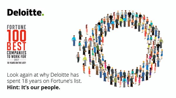 Very proud to work for <a href="/DeloitteUS/">Deloitte US</a>, one of Fortune’s "100 Best Companies to Work For." deloi.tt/2mUJcOj