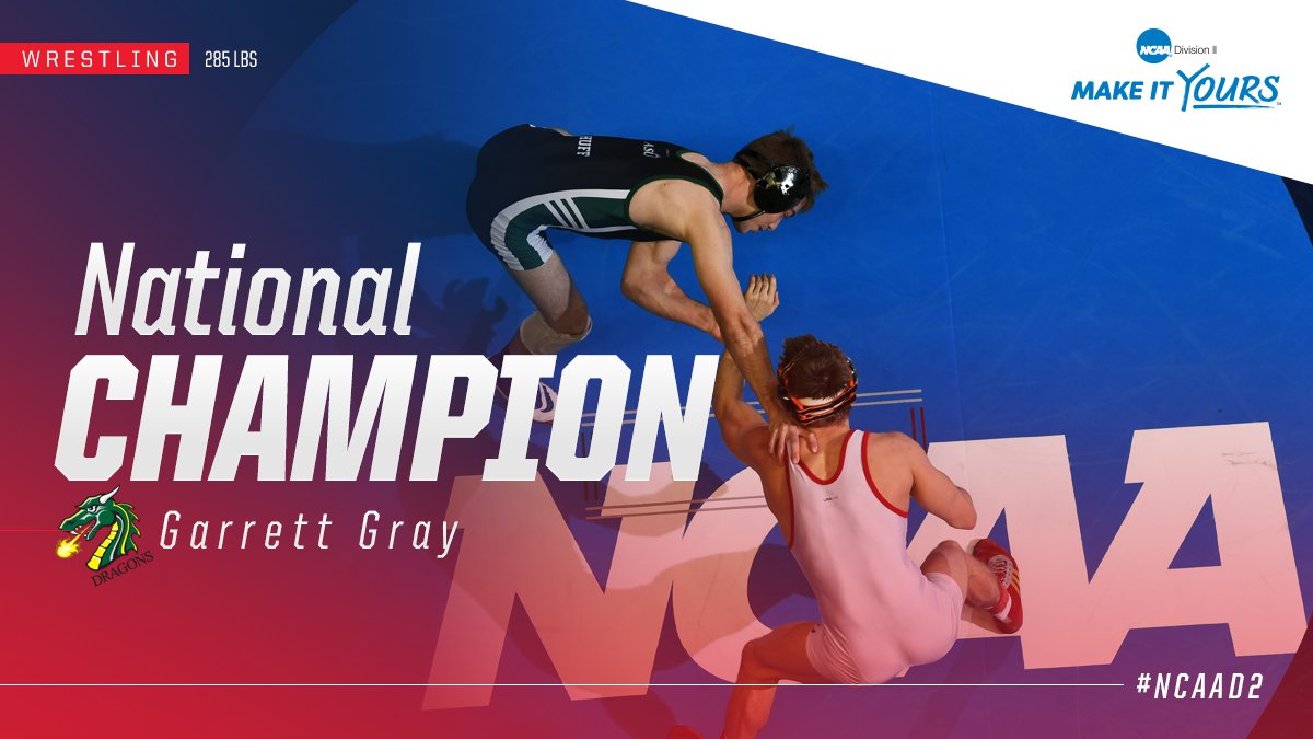 NCAADII's tweet photo. Your #D2Wrestle national champion at 285 lbs. in an amazing finish is Garret Gray who wins by fall 1:23! #MakeItYours https://t.co/CCtNvxQ1Ef