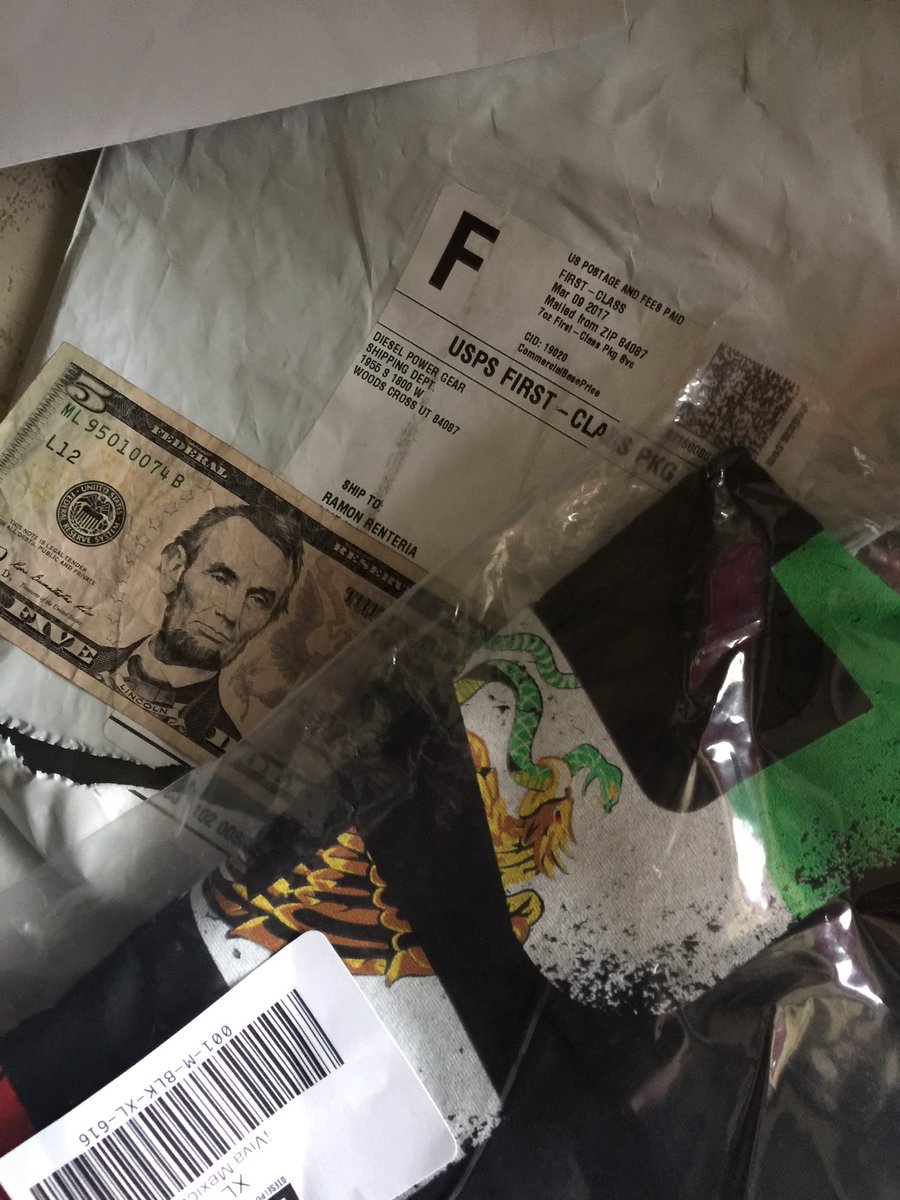 IamHickspanic's tweet photo. I got my shirt from @DieselSellerz and the @DieselBrosTV today but i also got a surprise, a $5 cash bill! 😜 #VivaMexico #DieselBros luv it! https://t.co/qLAQCHPnaM