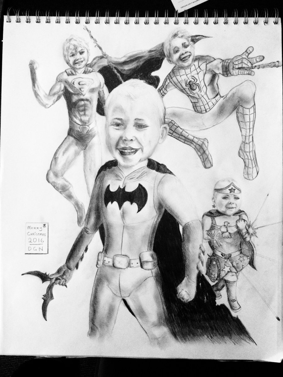 Drew my other nephews &amp; niece as #superheroes. #Spiderman joins the #JusticeLeague - not #Avengers? #dccomics #marvelcomics #fanart #drawing