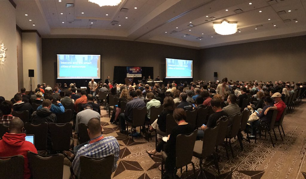 BluetoothSIG's tweet photo. We have a packed session for our "Beacons and the Smart Cities of Tomorrow" session! #BlueatSXSW #sxsw https://t.co/m7jYzFOkax
