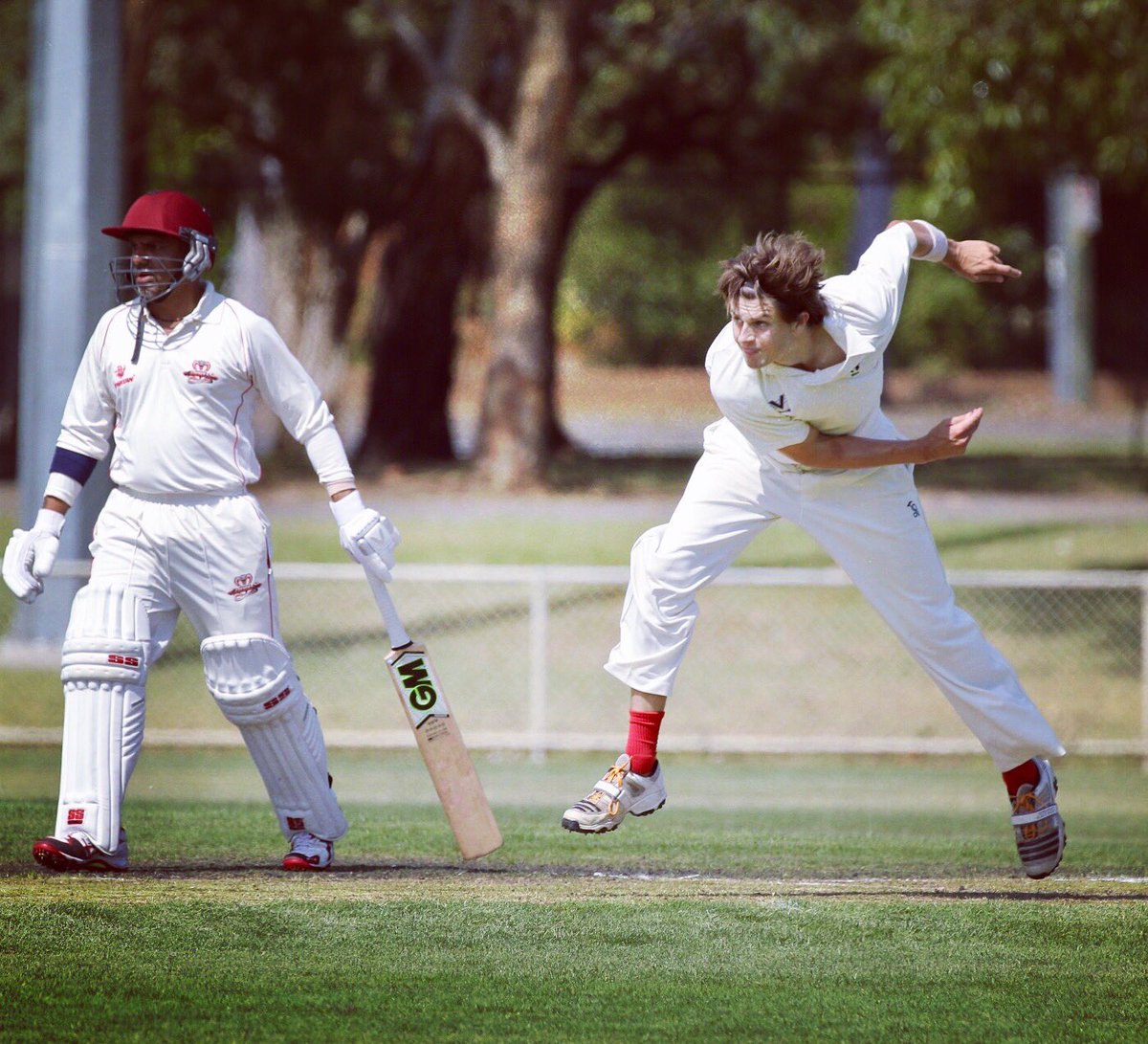 Ben Slack steaming in for @monashtigers 5XI as they set out to defend 167. #cricket #fastbowler