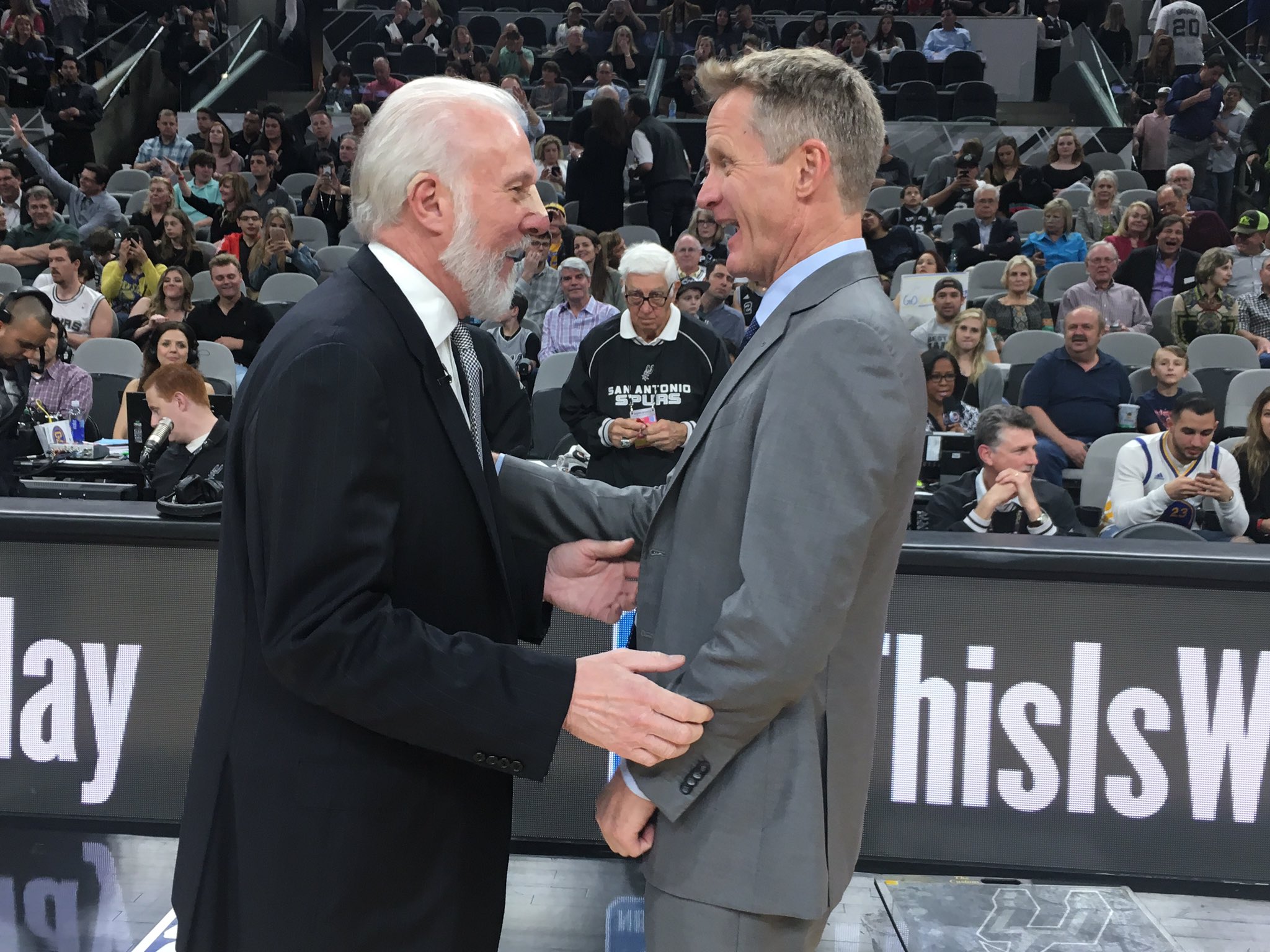 NBA on Twitter: "Coach Pop & Coach Kerr catch up pregame. #NBAonABC @spurs  x @warriors… "