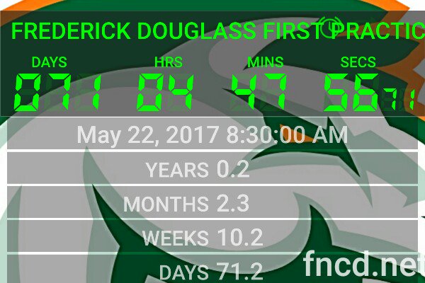 FDHSATHLETICS's tweet photo. 71 days 4 hours 47 minutes 56 seconds until FREDERICK DOUGLASS FIRST PRACTICE  #countdown #bethefirst #committotherace https://t.co/xjTRPRjEEn