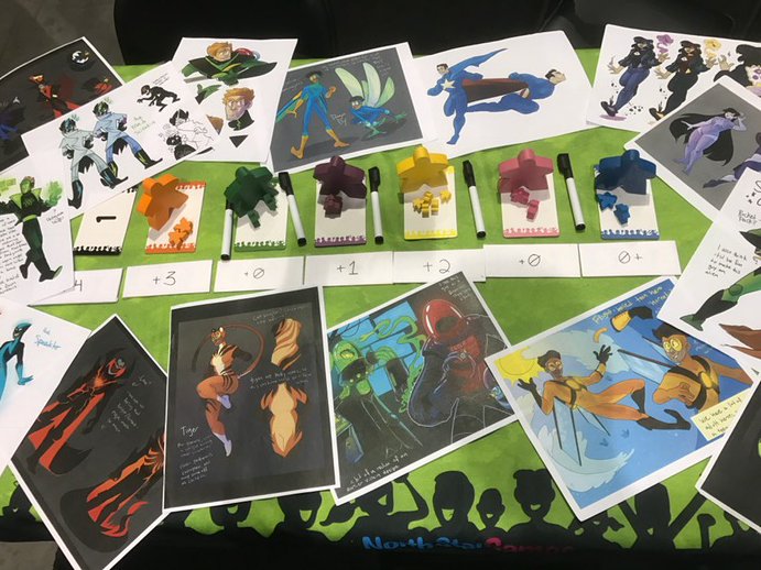 BoardGameGeek's tweet image. Character concept drawings in Wits &amp;amp; Wagers: Epic Geek Edition (@NorthStarGames); each player has a super power. WEM