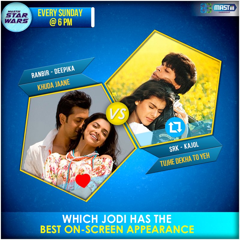 mastiiitv's tweet image. Mastiii #StarWars – Kis jodi ka On-Screen Appearance hai sabse best? Like for #Ranbir #Deepika &amp;amp; RT for #SRK #Kajol.