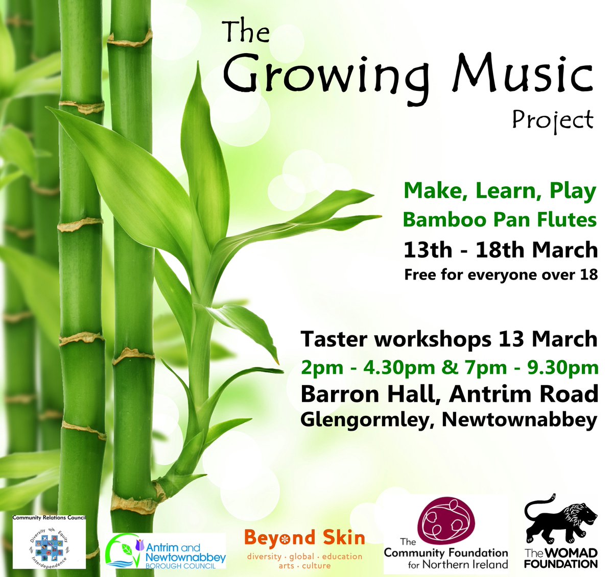 Make, Learn, Play Bamboo Music
18yrs - 118yrs welcome (free)
13 - 18 March: Glengormley
Taster workshops 2pm &amp; 7pm 13 March: Barron Hall
