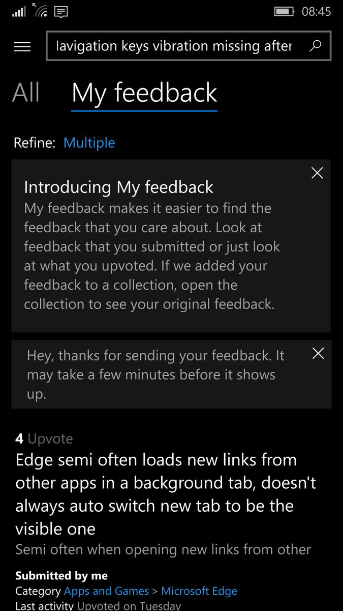 DigitalAmoeba's tweet photo. .@JenMsft wanted to say new #MyFeedback pivot in Feedback Hub is greatly welcomed! Previous filter was useful, but didn't track my Up Votes https://t.co/f8WWDo9wxl