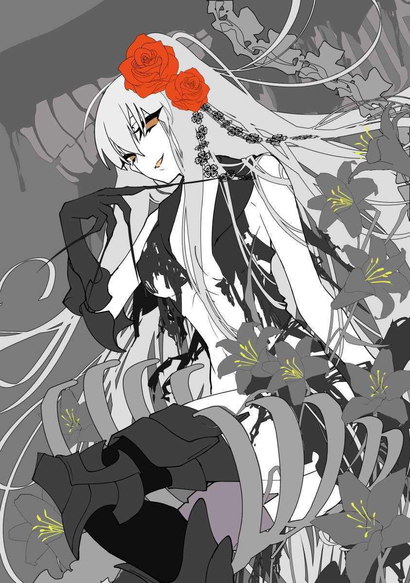 空母棲姫を描いてるんだけど、今回実験的に線画はボディラインだけ描いて、服や髪なんかは全部直接塗りつぶし→境界線フィルタでとるってやり方した。
結果は大成功。
シンプルなワンピースだったりボロ服描く際は特に相性がいい。花は過去に素材化したの並べてるだけだから今回全然線引いてない。
