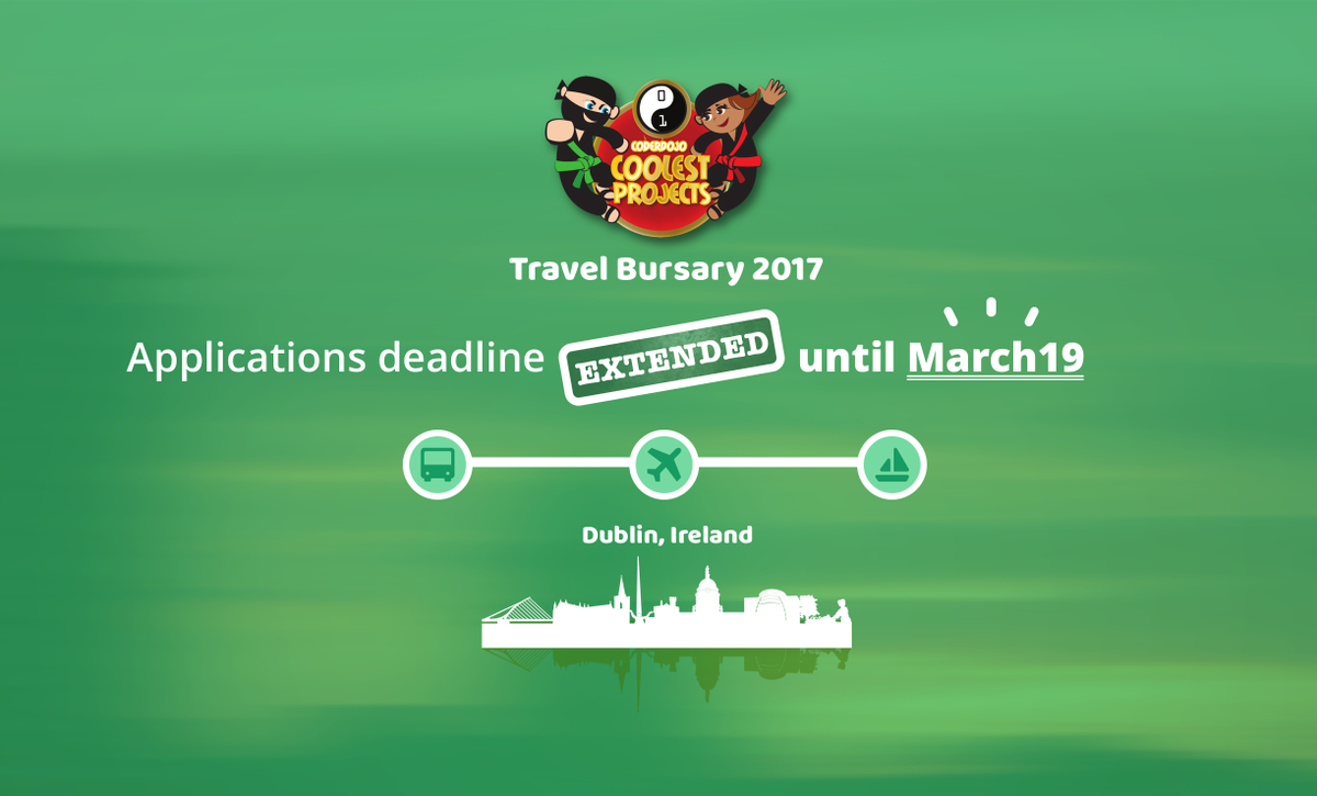 CoderDojo's tweet photo. We've extended the deadline to apply for a Travel Bursary to Ireland for @coolestprojects until the 19th! Apply now! https://t.co/kxpDjzgqVN https://t.co/mjr8giWQIE