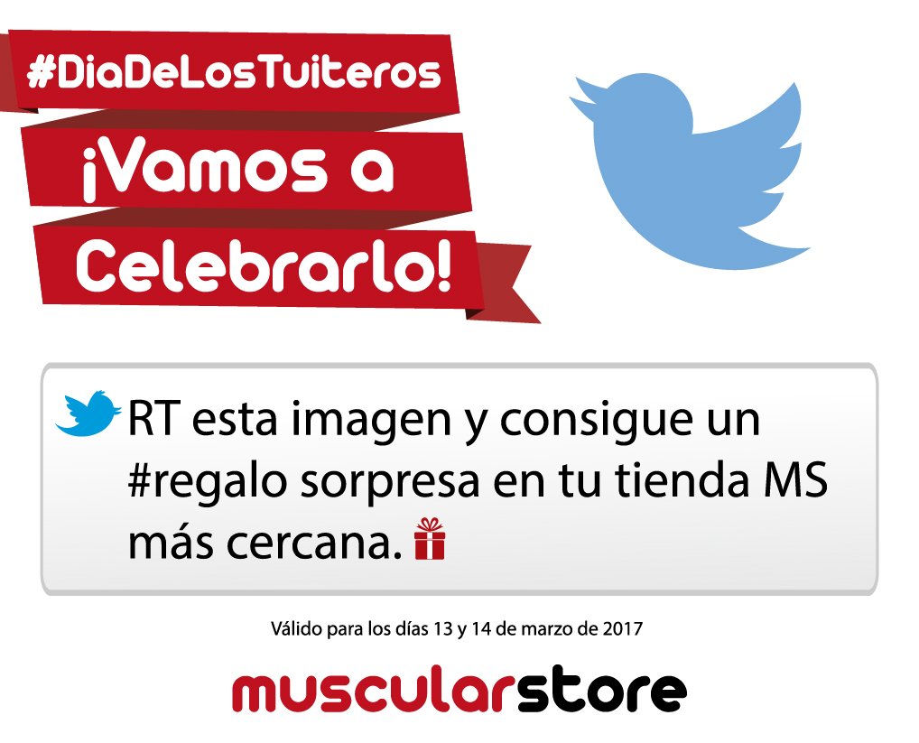 muscularstore's tweet photo. ¡Feliz #DiaDeLosTuiteros! RT esta imagen y consigue un #regalo sorpresa en tu tienda MS más cercana. #MStuiteros #Deporte #Suplementación https://t.co/PFbRBbniYL