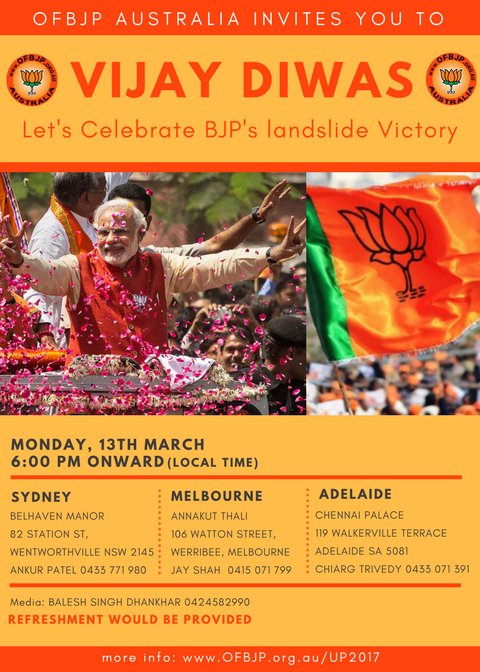 <a href="/OFBJPAus/">OFBJP Australia</a> invites you to join the Celebration of BJP's landslide victory <a href="/BJP4India/">BJP</a> <a href="/narendramodi/">Narendra Modi</a> <a href="/AmitShah/">Amit Shah</a> <a href="/vijai63/">Dr Vijay Chauthaiwale</a> ofbjp.org.au/UP2017