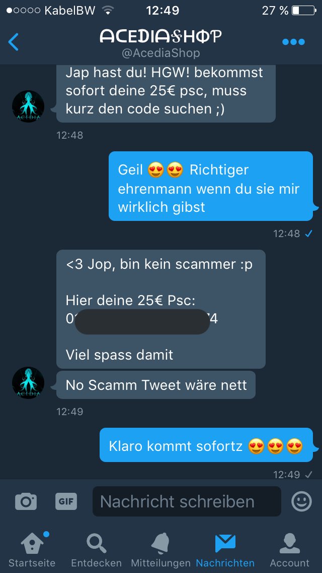 7oveGamerHD's tweet photo. @AcediaShop scammt nicht! Habe eine 25€ psc bekommen :o https://t.co/m6wYpeERyR