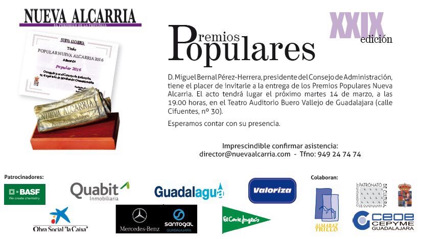 El martes nos vemos en la entrega de Premios Populares de <a href="/NuevaAlcarria/">Nueva Alcarria</a>.Un orgullo acudir como invitados a este evento como <a href="/CEMADSeccGuada/">CEMAD - Guadalajara</a>