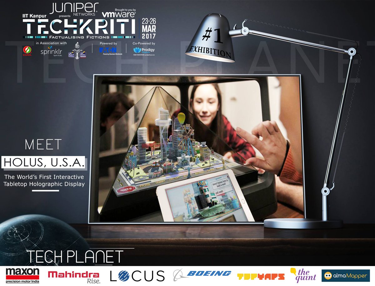 techkriti_iitk's tweet photo. Techkriti, IIT Kanpur presents the first exhibition- HOLUS!
For more info, visit: https://t.co/QczB2xLhKO
#Techkriti17
#FactualisingFictions https://t.co/Pl4PbsNbYq