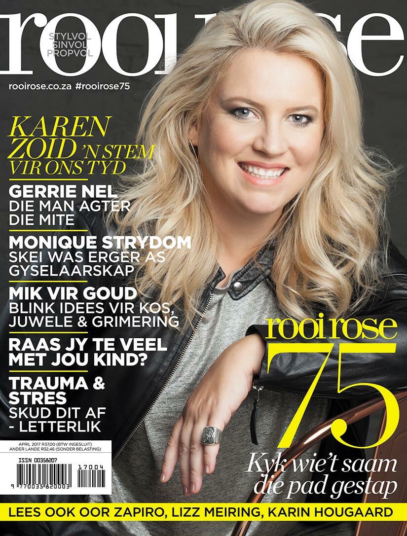 SACelebTweets's tweet image. Die April 2017 uitgawe van @rooi_rose het die amazing @karenzoid op hul voorblad! 👌🙌 #rooirose75