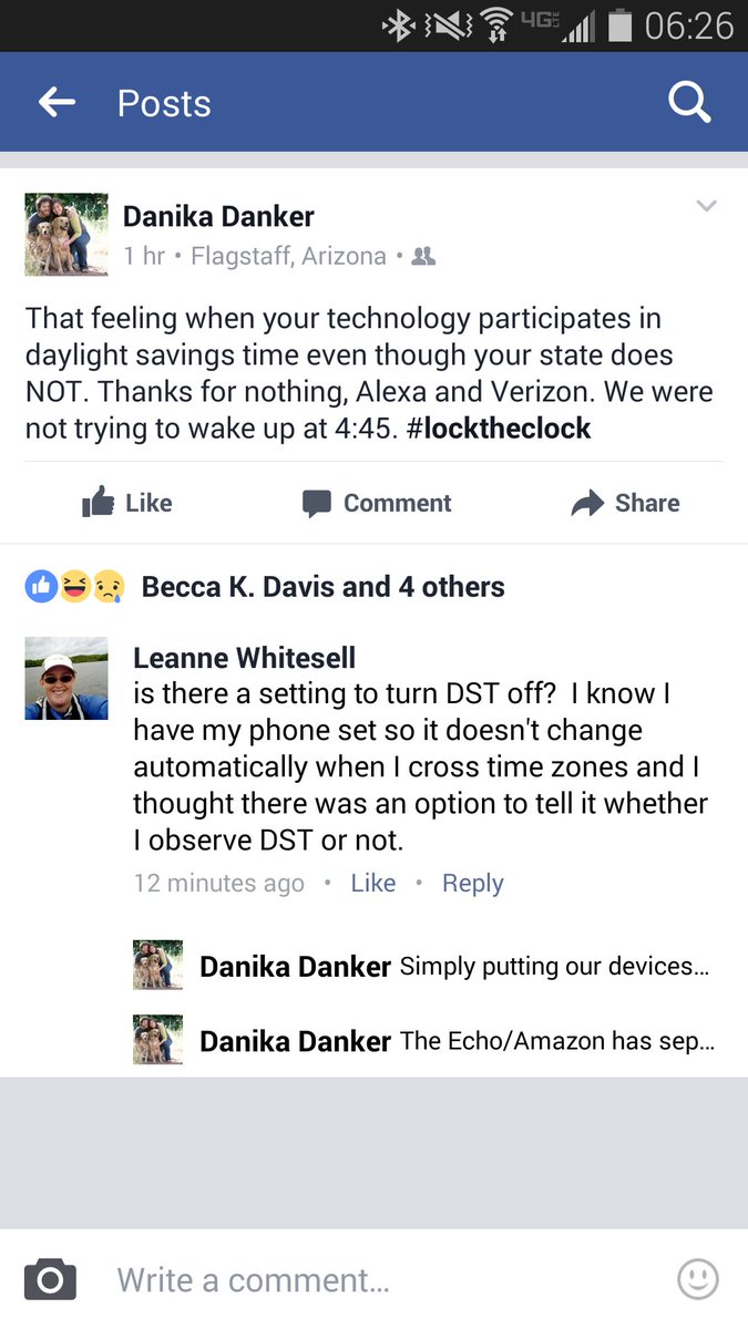 dankfost's tweet image. Thanks for nothing, @amazonecho and @verizon. Some of us don't do daylight savings time. #locktheclock #arizonatime #echofail @gigastacey