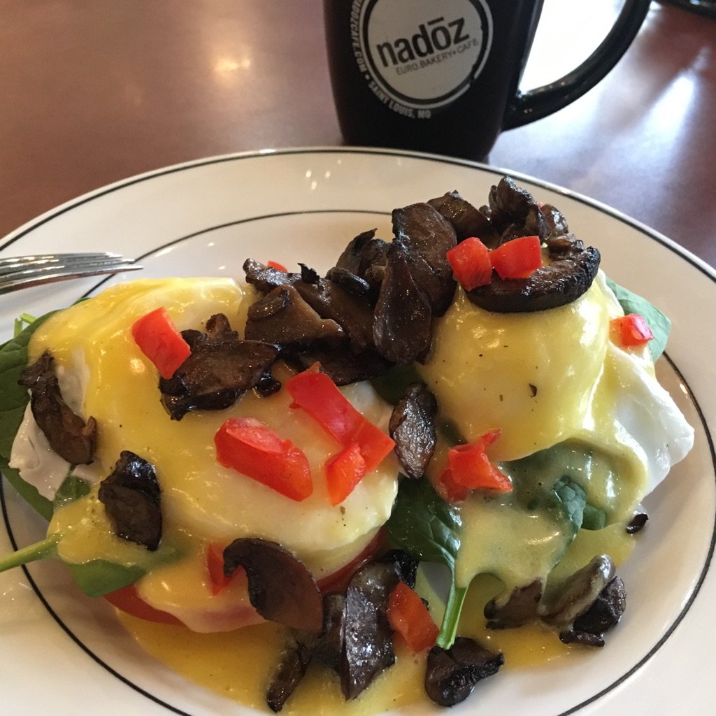 Veggie Eggs Benedict: Mushrooms, Baby Spinach, Avocado Slices, Poached Eggs, Tomato, Hollandaise atop a Fresh Baked Biscuit #sundaybrunch