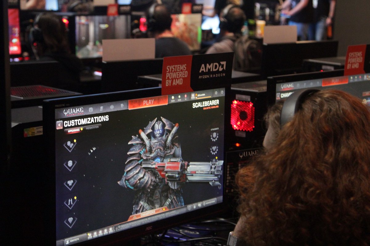 bethesda's tweet photo. Big thanks to @AMDGaming &amp; @AMDRyzen for powering #Quake  at #PAXEast https://t.co/J0dMPESfvf