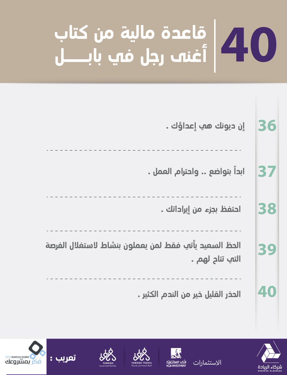 RyadahSa's tweet photo. "40" قاعدة مالية من كتاب اغنى رجل في بابل
ان ديونك هي اعداؤك ..
#ريادة
#الرياض https://t.co/sDlmyXcem0
