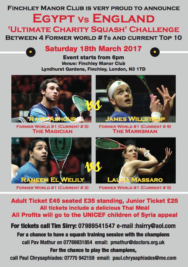 <a href="/RamyAshour/">Ramy Ashour</a> <a href="/james_willstrop/">James Willstrop</a> <a href="/RaneemElWelily/">Raneem El Welily</a> <a href="/ljmassaro/">Laura Massaro MBE</a> Thank u 4 agreeing to participate in this charity challenge for a very good cause