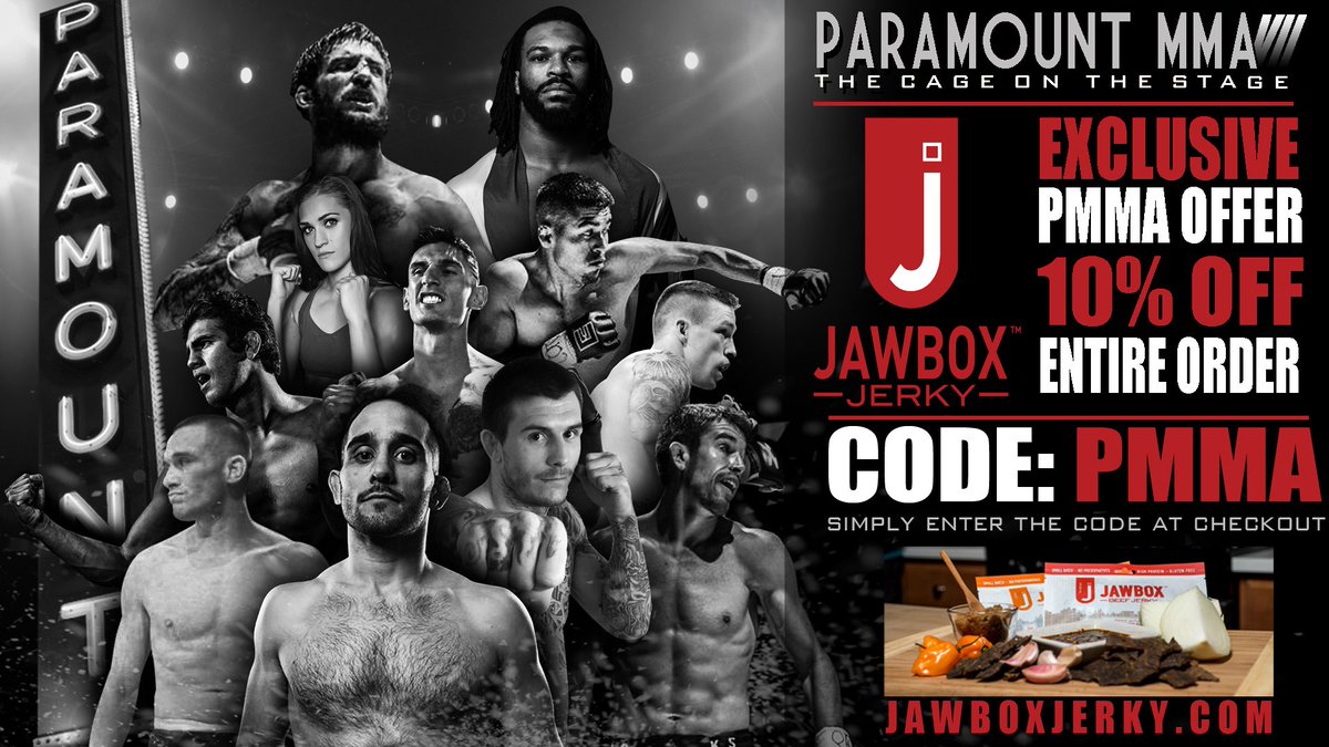 #ParamountMMA special offer for <a href="/jawboxjerky/">Jawbox Jerky</a>. Enter "PMMA" to get 10% off through their online store. jawboxjerky.com/home.php